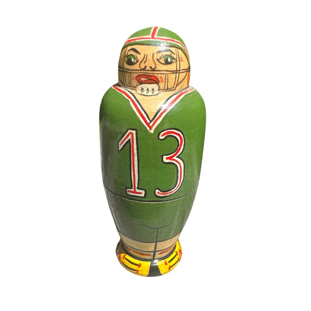Vintage 1997 Signed Hand Painted Wooden Football Player Nesting Doll Green 13